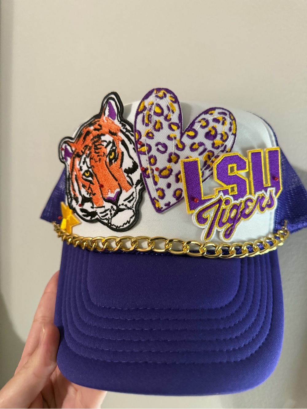 Purple and White Trucker Hat with Tiger Patch